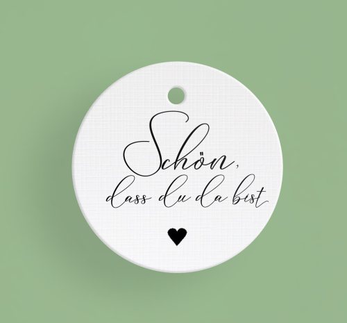 10 weiße Etiketten - Schön, dass Du da bist - Geschenkanhänger aus Leinenpapier